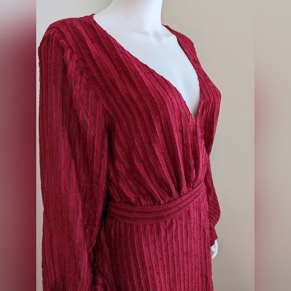 Fame and Partners NWT wrap dress red burgundy sheer texture stripe Rachel sz 10 - Picture 3 of 13